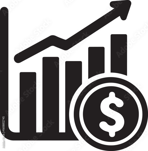Revenue Icon – Black and White Minimalist Dollar and Bar Graph Vector Illustration