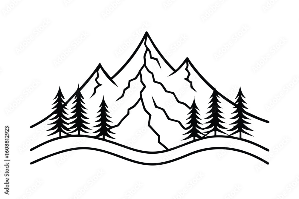 Obraz premium Simple Mountain Silhouette With Pine Trees At Base