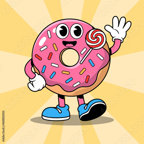 A playful pink donut character holding a candy lollipop enchants viewers with its charm, evoking feelings of nostalgia and sweetness, perfect for fun-themed art.