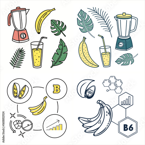 Icons showing minerals and vitamins from bananas, ideal for health and food content. AI Generated. 