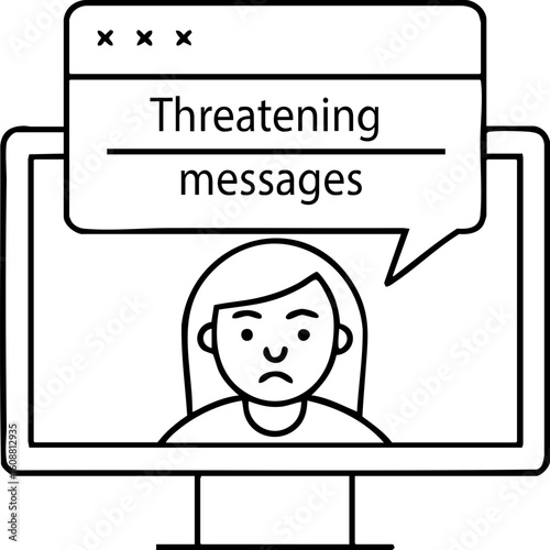 Cyberstalking icon showing sad person on screen with threatening messages in speech bubble