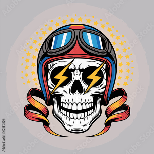 Featuring a skull with a vibrant pilot helmet, this design is rich in color and character, embodying the thrill of adventure and the bold spirit of those who seek freedom.