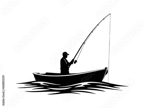 Silhouette of a man fishing in the sea on a boat