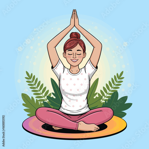 An engaging depiction of a woman practicing yoga in a warrior pose, highlighted by a colorful mat, embodying strength, focus, and positivity while emphasizing health and fitness.