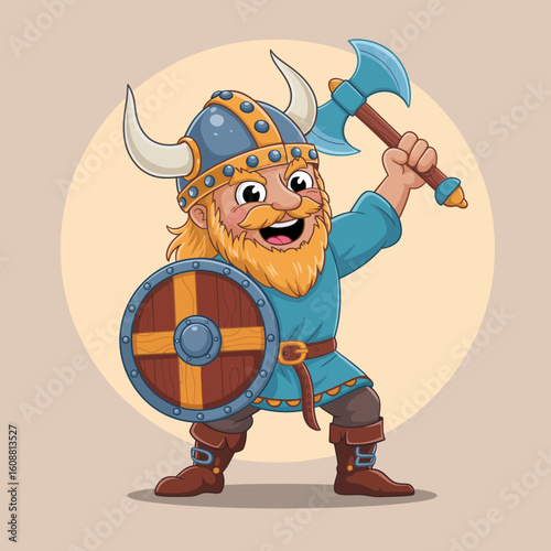 A cheerful depiction of a Viking warrior holding an axe and shield ready for action, illustrating themes of adventure, bravery, and infectious enthusiasm in a cartoonish style.
