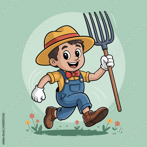 A cheerful young boy, dressed in overalls and a hat, joyfully runs through a green field while holding a pitchfork, embodying the spirit of farming and childhood joy.