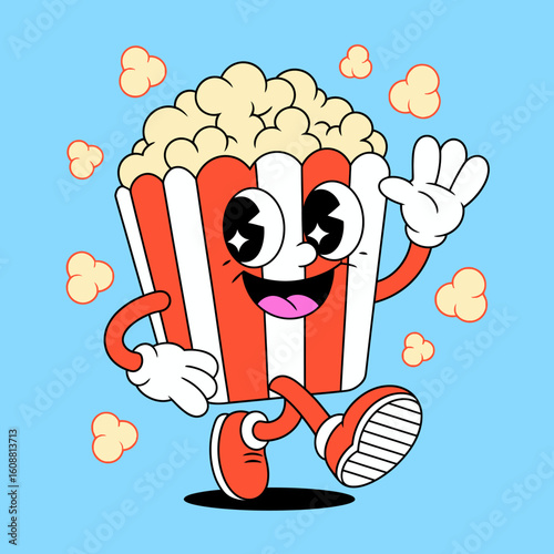 This cheerful cartoon popcorn character joyfully waves while walking, radiating happiness and fun, making it perfect for food-related themes or playful designs.