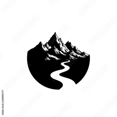 Mountain Peak & Winding River Silhouette