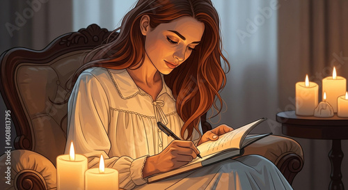 A woman writing in a book by candlelight in a cozy room with a chair and a small round table