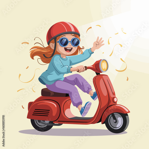 This energetic illustration captures a girl riding a scooter joyfully while waving, surrounded by colorful confetti, providing a cheerful representation of happiness and carefree moments.