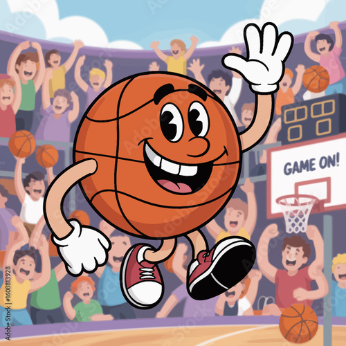 An engaging illustration of a basketball character in an action-packed scene, surrounded by cheering crowds, radiating a sense of excitement and competitive spirit in a fun-filled atmosphere.
