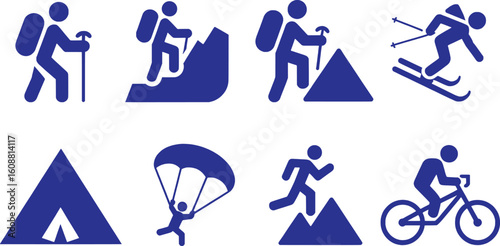 Hiking skiing paragliding cycling camping running mountain climbing symbols mountaineering