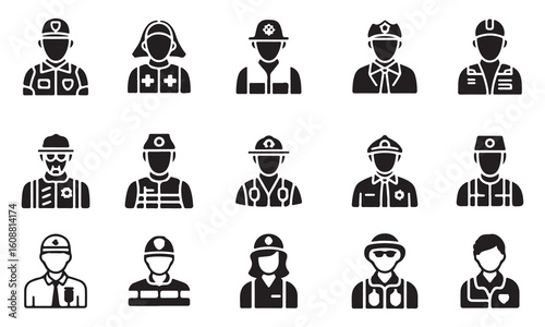 A collection of black and white silhouette icons representing various public service professions, including police, firefighters, paramedics, nurses, military, and more.