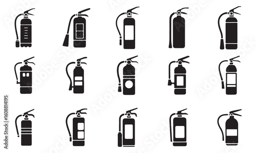 A set of various fire extinguisher icons in a simple, solid black design, Collection of Vector Fire Extinguisher Icons on white