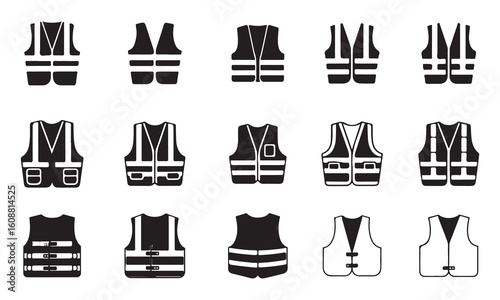Collection of Safety Vest and Life Vest Icons, set of black and white icons displays various types of safety vests and life vests.