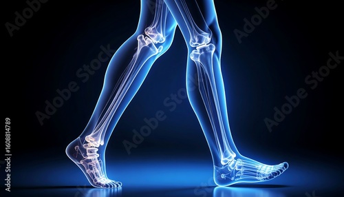 Glowing blue digital rendering of legs and feet, showcasing skeletal structure in motion