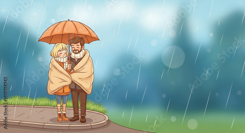 A couple under an orange umbrella wrapped in a blanket standing in the rain on a sidewalk together