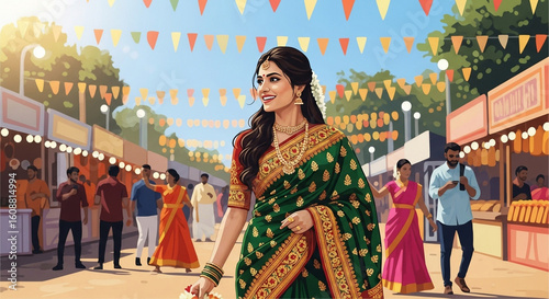 Woman in green saree at outdoor market with colorful flags and people in the background smiling