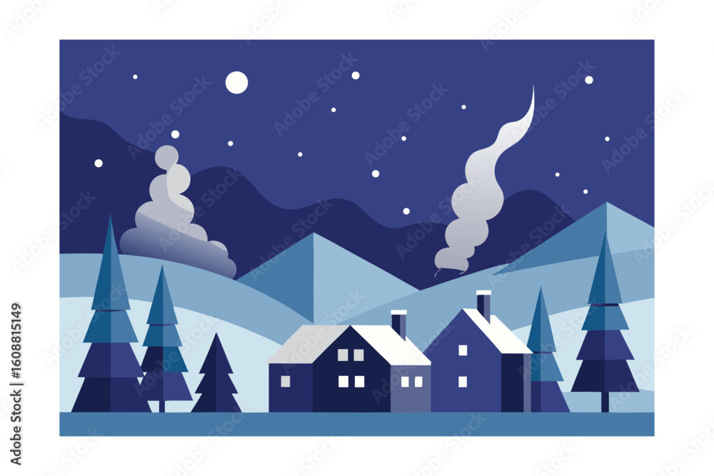 Naklejka premium Snowy Village Landscape With Pine Trees Smoke From Chimneys