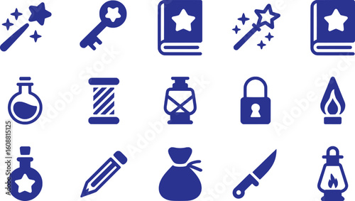 Magical objects and tools collection with stars and flames vector silhouette
