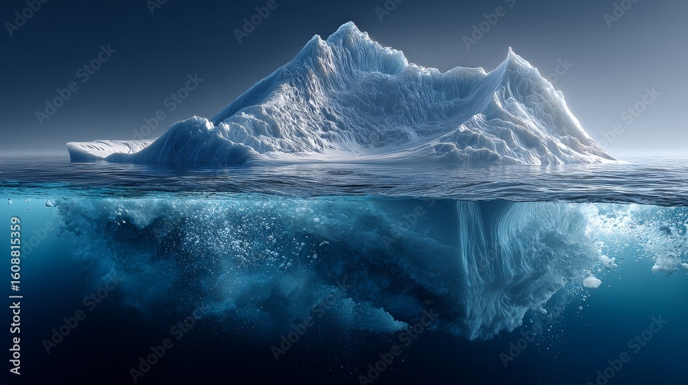 Fototapeta premium An iceberg with part above water and visible underwater structure in a blue ocean, highlighting its massive and icy form.