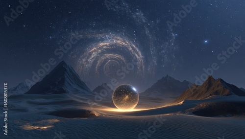Vast desert landscape, crystalline sphere, starry night