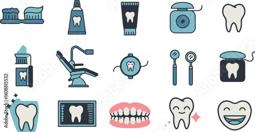 Modern Dental Care Icons: Toothbrush, Toothpaste, Floss, X-Ray, Dentist Chair, and Happy Teeth Illustrations in a Flat Design Style.