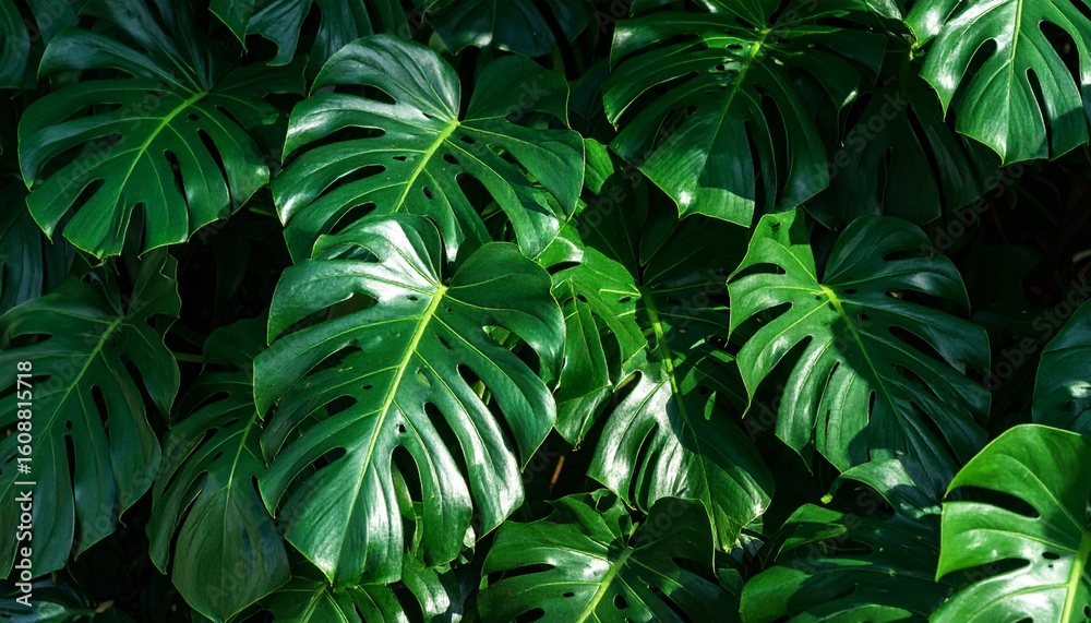 Obraz premium Close-up view of lush, vibrant Monstera deliciosa leaves, showcasing their texture and color.