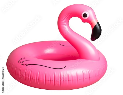 Pink inflatable flamingo floatie, isolated on white