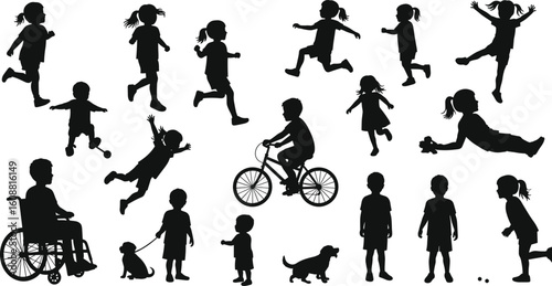 Silhouettes of active children playing, running, jumping, biking, walking dog, diverse fun vector illustration