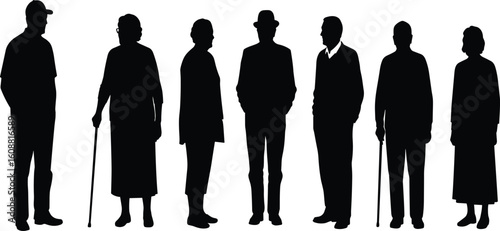 Silhouettes of diverse senior and adult people standing, elderly men and women group vector illustration