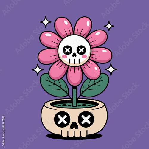 A quirky flower with a skull in the center blooms from a skull-shaped pot, surrounded by sparkles, symbolizing the blend of life and death in a humorous depiction.