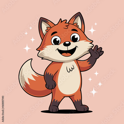 An adorable fox character is waving cheerfully with a friendly expression, radiating charm in a bright, stylized design, suitable for playful and whimsical artworks.