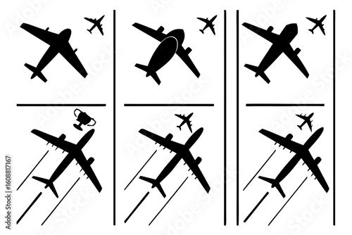 A collection of airplane silhouettes are arranged in a grid, some with a trophy, isolated on white background
