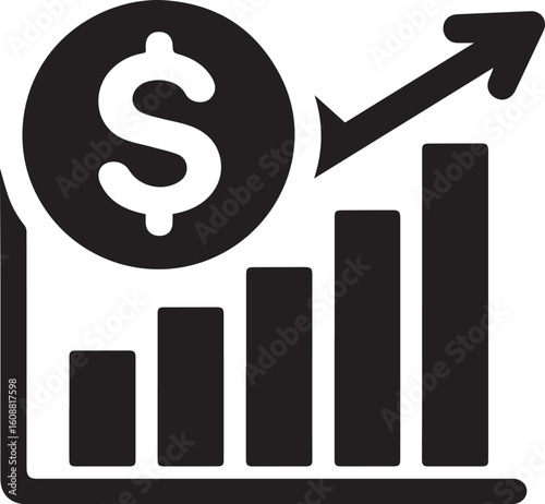 Revenue Icon – Black and White Minimalist Dollar and Bar Graph Vector Illustration