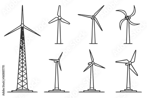 A set of wind turbine illustrations isolated on white background showcase sustainable energy and clean technology