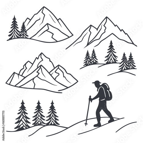 A hiker with mountains and pine trees isolated on white background depicts outdoor adventure and nature tourism