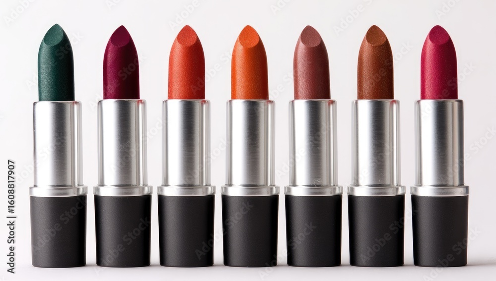 Obraz premium Row of assorted lipstick shades in silver and black tubes
