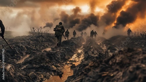 World War II battlefield muddy trenches soldiers 4K Videos 