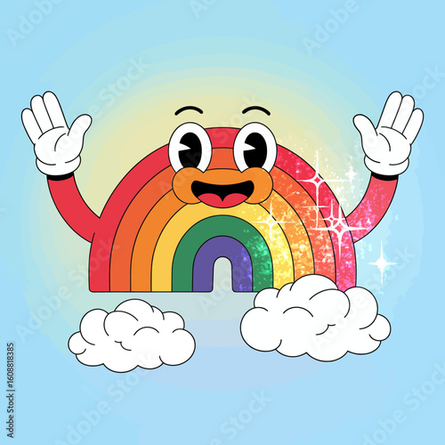 This vibrant rainbow character beams with happiness, featuring sparkling effects and fluffy clouds, embodying positivity and joy in a playful, imaginative way.
