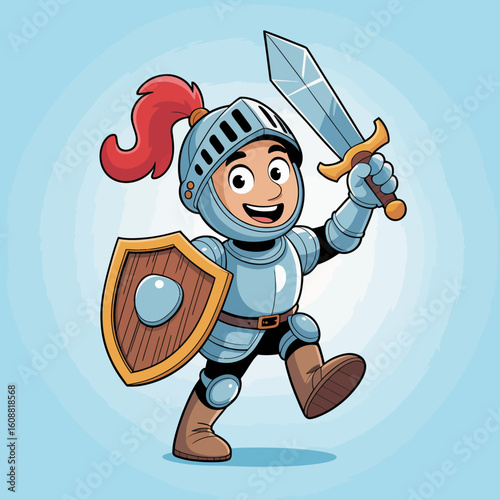 A vibrant young knight in shining armor brandishes a sword and shield, exuding bravery and skill, ready for adventure in a cartoonish, joyful style.