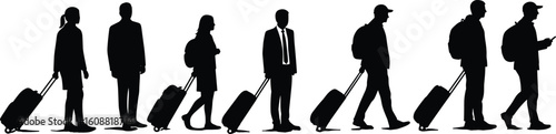Silhouettes of travelers walking with luggage, airport passengers, business and casual travel, vector illustration set