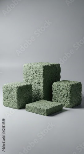 Textured green cubes arranged as pedestals on a light gray background
