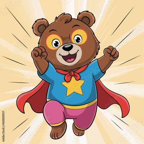 A delightful superhero bear in a colorful costume and red cape, radiating positivity and courage, is illustrated in a fun, playful style that appeals to young audiences.