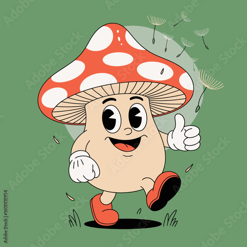 A cheerful cartoon mushroom character happily gives a thumbs up, surrounded by seeds in the air, symbolizing positivity and growth in a fun and engaging artistic style.