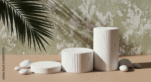 Minimalist display with textured pedestals smooth stones and palm leaf shadow
