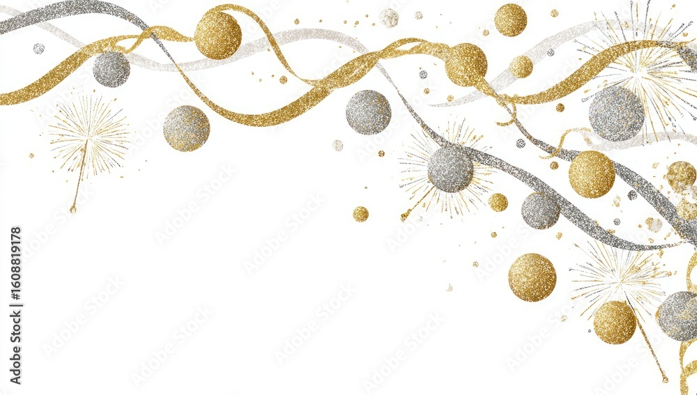 Fototapeta premium Gold and silver confetti ribbons, sparkling balls, and fireworks on white background