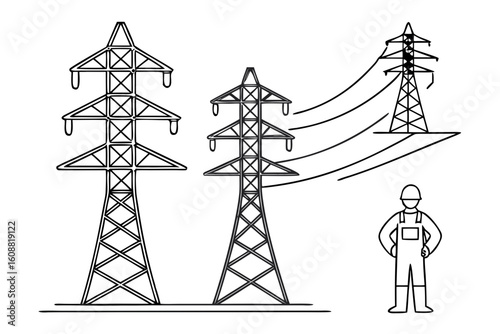 Illustration of three electricity pylons, power lines, and a worker isolated on white background
