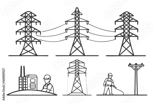 A collection of electricity pylon drawings show workers and power line transmission towers isolated on white background