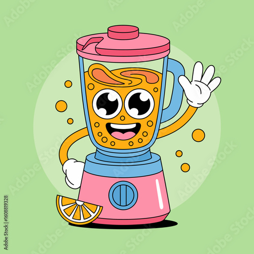 A friendly cartoon blender character waves joyfully, beautifully representing kitchen fun and healthy living, with vibrant colors and a playful personality that's sure to make anyone smile.